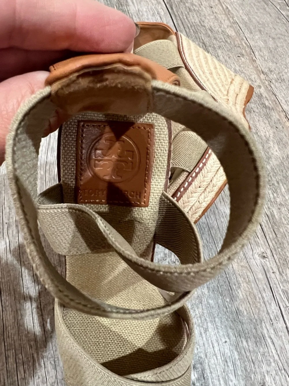 Tory Burch Frieda Platform Wedge Espadrille Beige Sandals Elastic Straps Size 7 - Picture 4 of 9